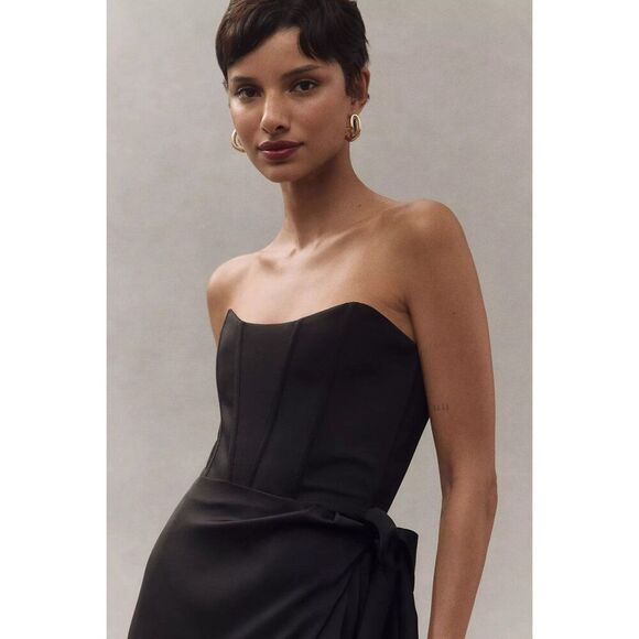 NEW V. Chapman June Corset Jacquard Front-Slit Gown Black Strapless Satin Size 4 - Picture 3 of 10